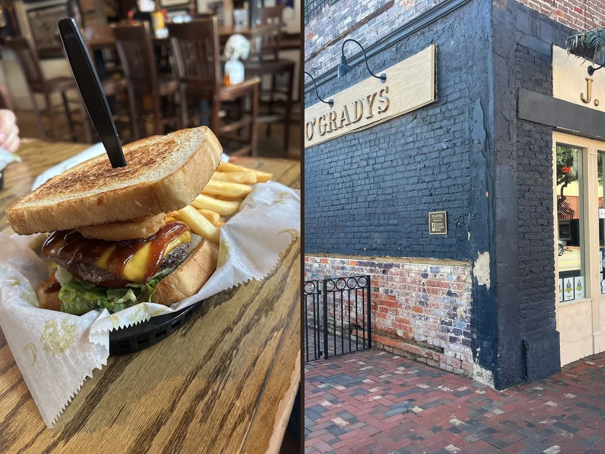 Burgers and beer on a casual restaurant table.