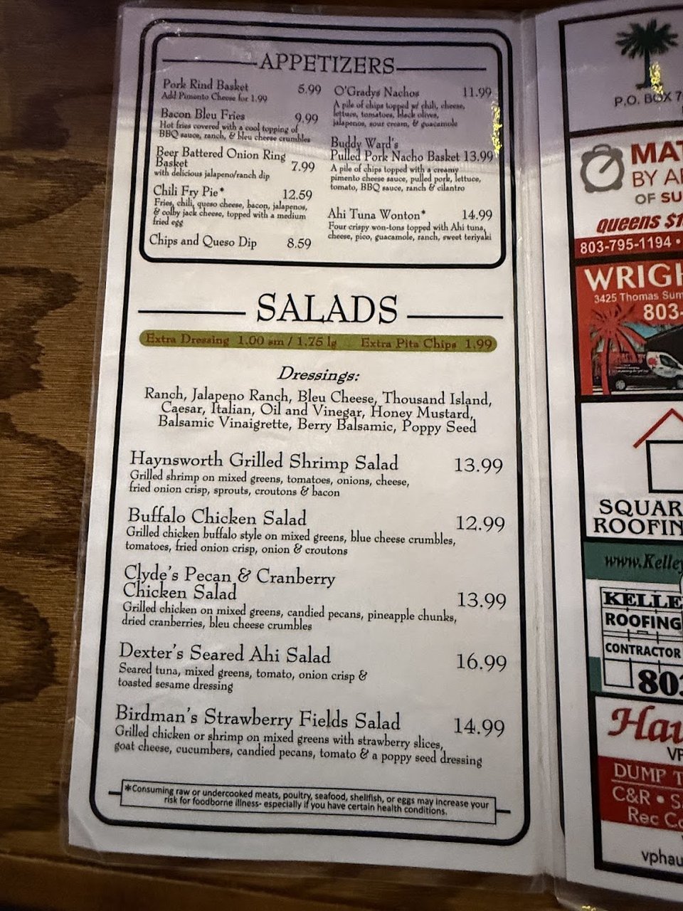 Appetizers section from an American restaurant menu.