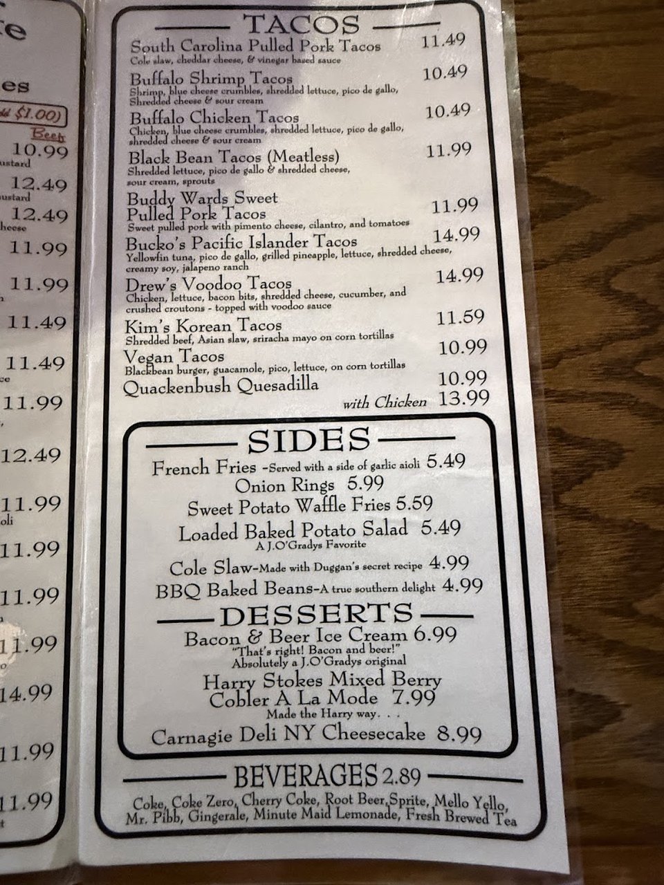 Menu page from a burger and beer restaurant.