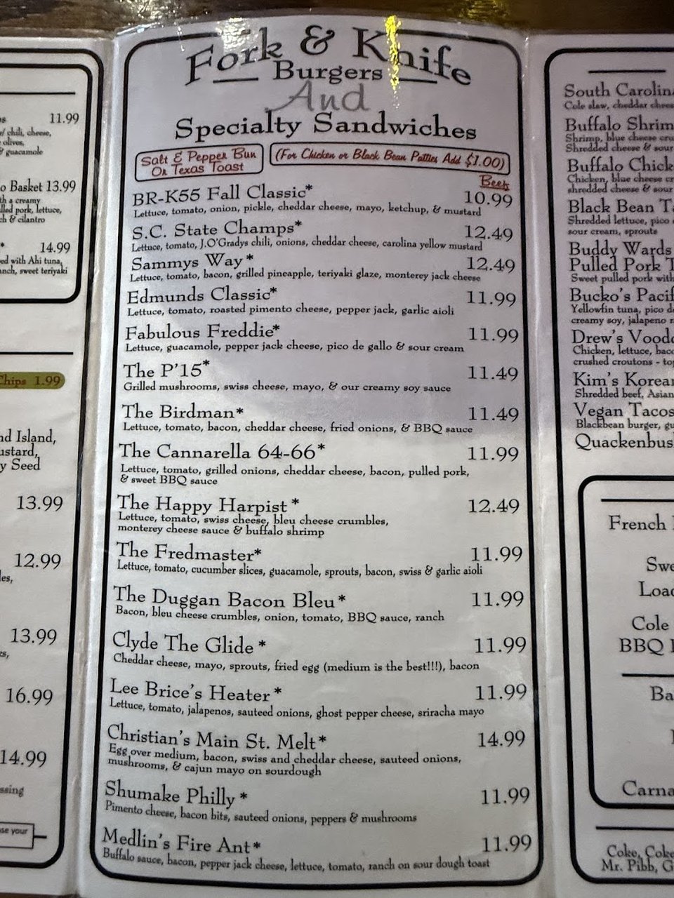 Casual dining menu with hearty lunch and dinner choices.
